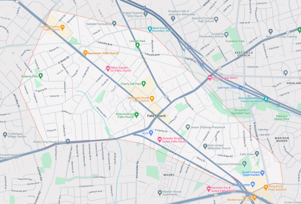 InfinityLimoCar Service Area Map for Falls Church, Virginia