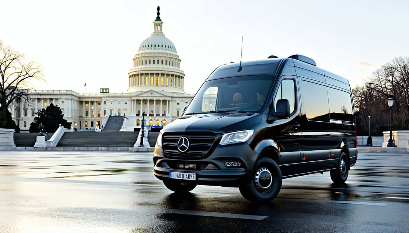 Black Mercedes-Benz van parked near the U.S. Capitol in Washington DC.