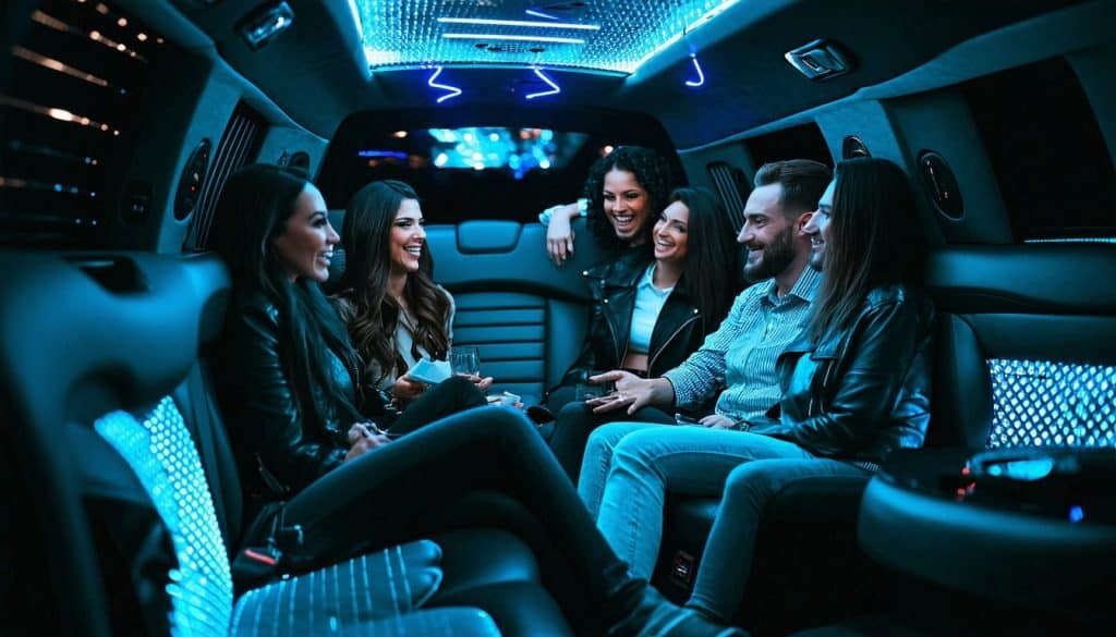 Group of friends enjoying luxury transportation in a DC limousine interior.