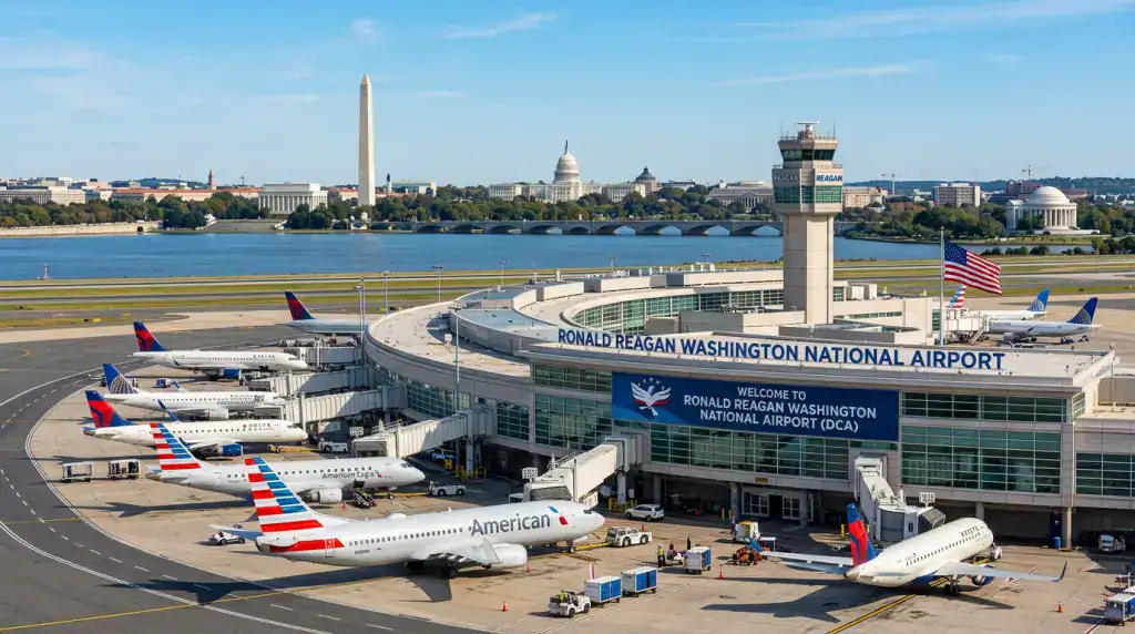 Washington DC National Airport with planes and control tower.