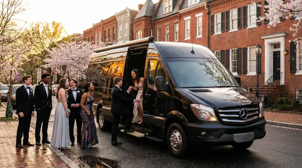 Luxury black Mercedes Sprinter van providing private transportation in Washington DC.