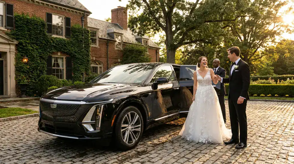 Elegant black limousine with bride and groom outside historic estate in Washington DC.