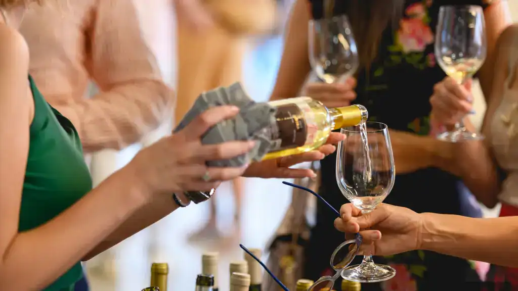 Group of people enjoying champagne in a luxury limousine in Washington DC.